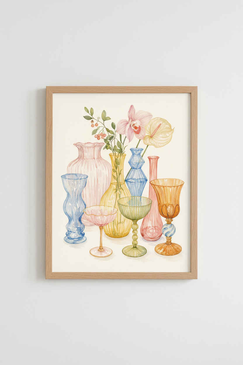 Pastel Floral Art Print | Watercolor Vintage Glassware, Soft Aesthetic Room Decor