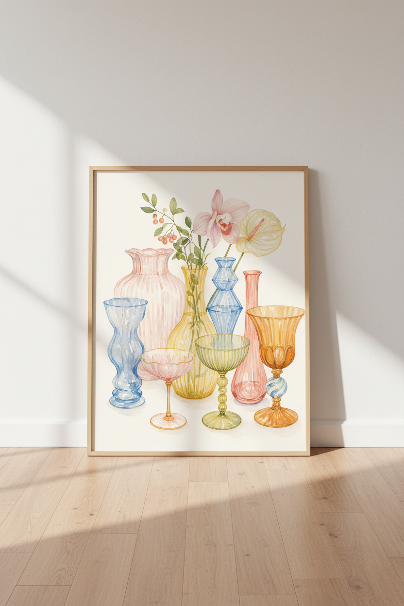 Pastel Floral Art Print | Watercolor Vintage Glassware, Soft Aesthetic Room Decor