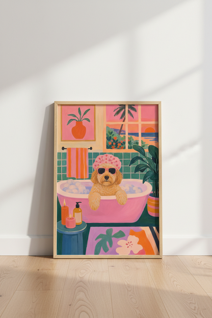 poodle-bathroom-pink-tropical-dog-on-the-floor-ce8f30.png
