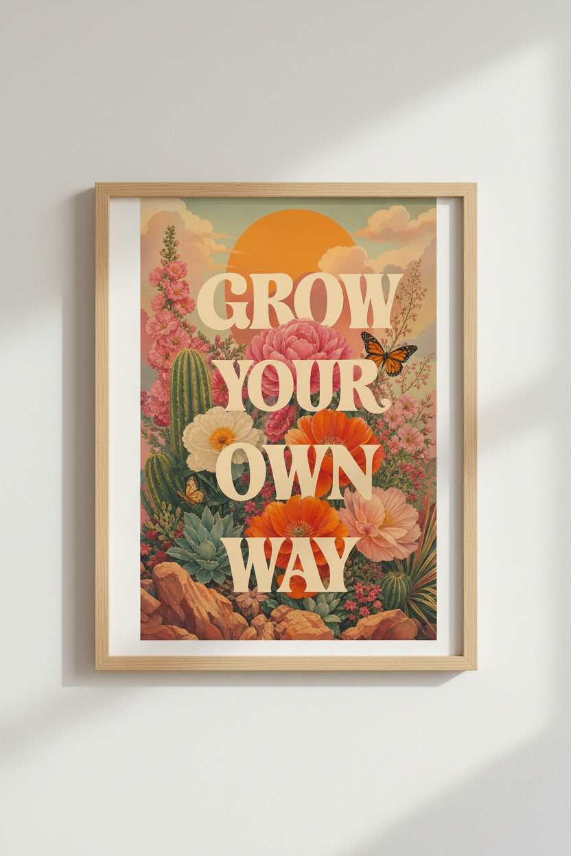 Retro Floral Art Poster | Vintage Desert Botanical Print, Grow Your Own Way Home Decor