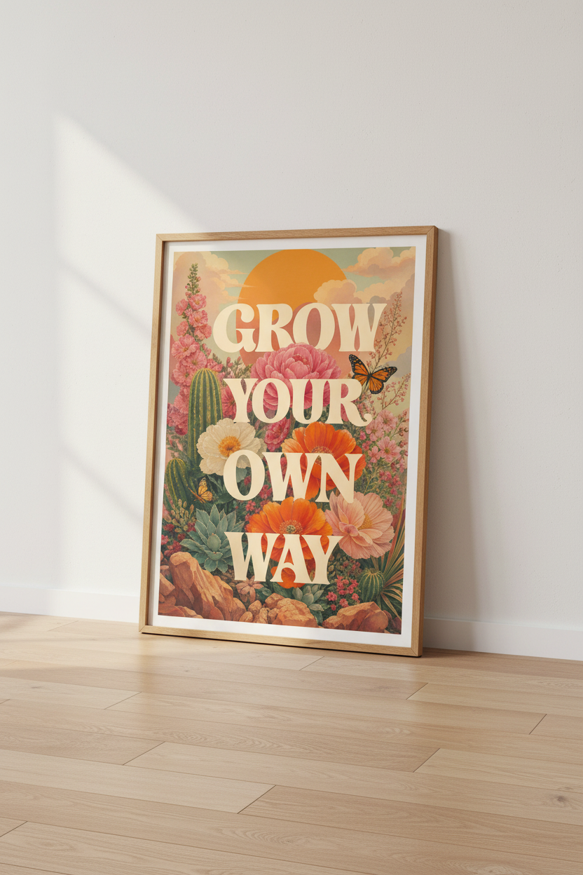 Retro Floral Art Poster | Vintage Desert Botanical Print, Grow Your Own Way Home Decor