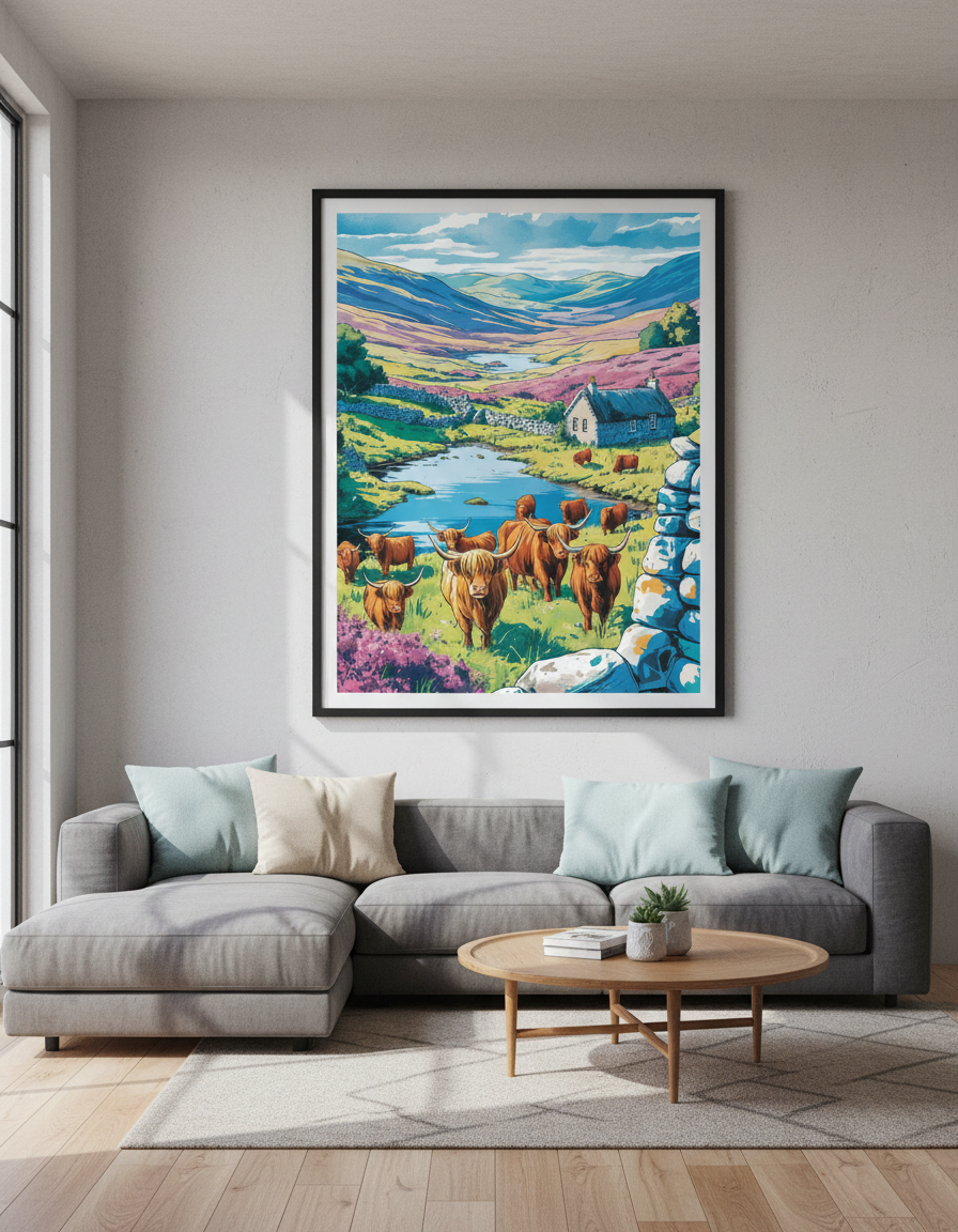 Vibrant Highland Cow Wall Art Print | Scottish Landscape Decor | Boho Farmhouse Poster | Colorful Cattle Housewarming Gift