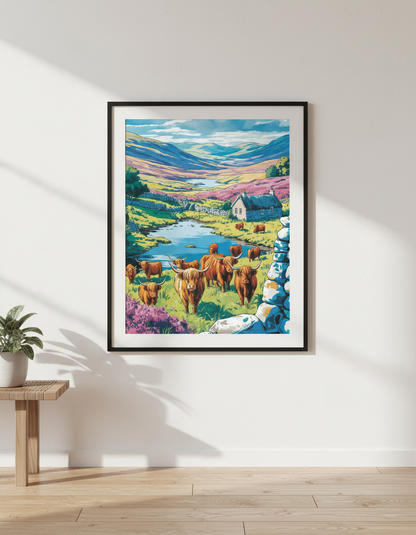 Vibrant Highland Cow Wall Art Print | Scottish Landscape Decor | Boho Farmhouse Poster | Colorful Cattle Housewarming Gift