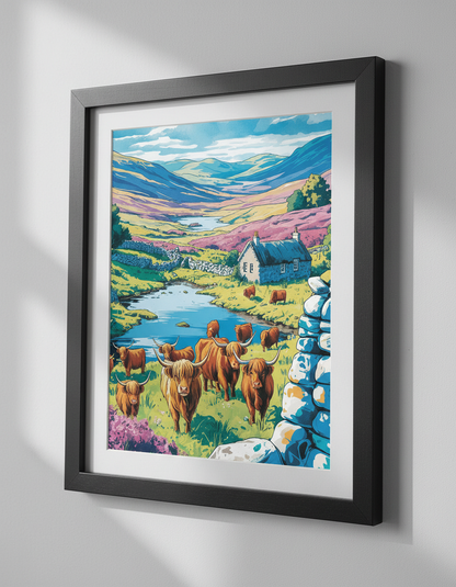 Vibrant Highland Cow Wall Art Print | Scottish Landscape Decor | Boho Farmhouse Poster | Colorful Cattle Housewarming Gift