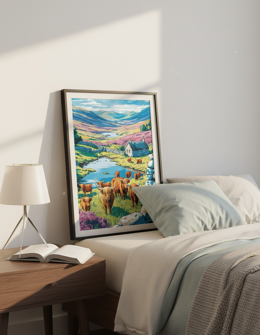 Vibrant Highland Cow Wall Art Print | Scottish Landscape Decor | Boho Farmhouse Poster | Colorful Cattle Housewarming Gift