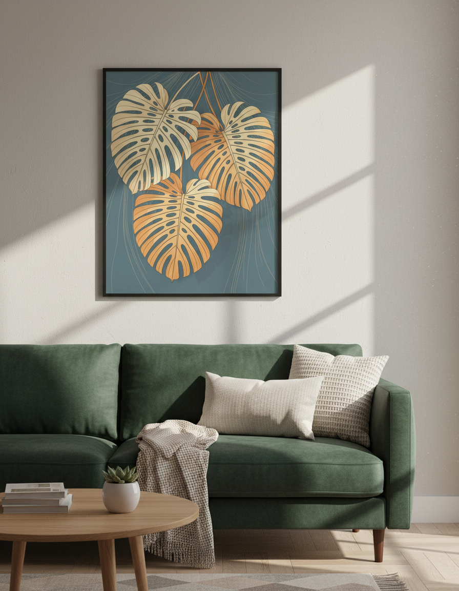 Minimalist Botanical Monstera Leaves Wall Art Print | Living Room Decor | Bohemian Modern Poster | Abstract Nature Art