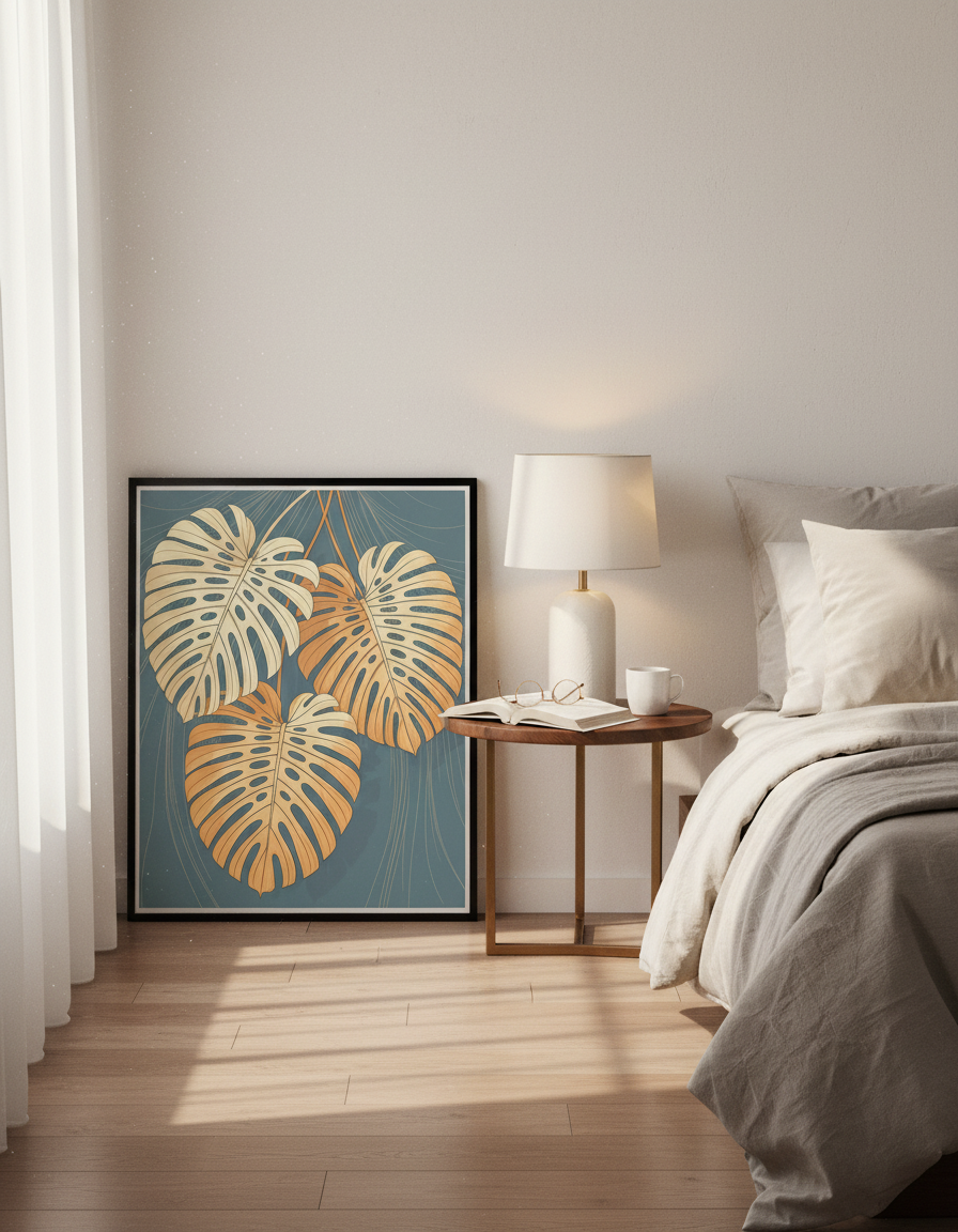 Minimalist Botanical Monstera Leaves Wall Art Print | Living Room Decor | Bohemian Modern Poster | Abstract Nature Art